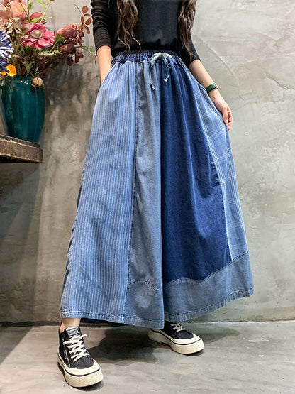 Loose  Drawstring Elasticity Plaid Split-Joint Ninth Jean Pants Bottoms