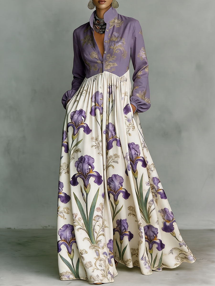 Split-Joint Ruched Pockets Flower Print Contrast Color Buttoned Loose Long Sleeves Stand Collar Maxi Dresses