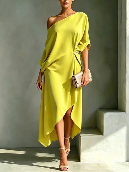 Solid Color Buttoned Backless Asymmetric Loose High-low One-shoulder Maxi Dresses