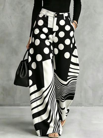 Zipper Striped Polka-Dot Pockets Contrast Color Buttoned Wide Leg Loose Trousers Pants