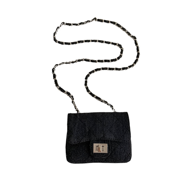 Women Denim Flap Crossbody Bag | Diamond Grid Shoulder Bag black