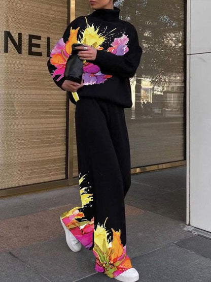 Loose Wide Leg Flower Print Pants Trousers
