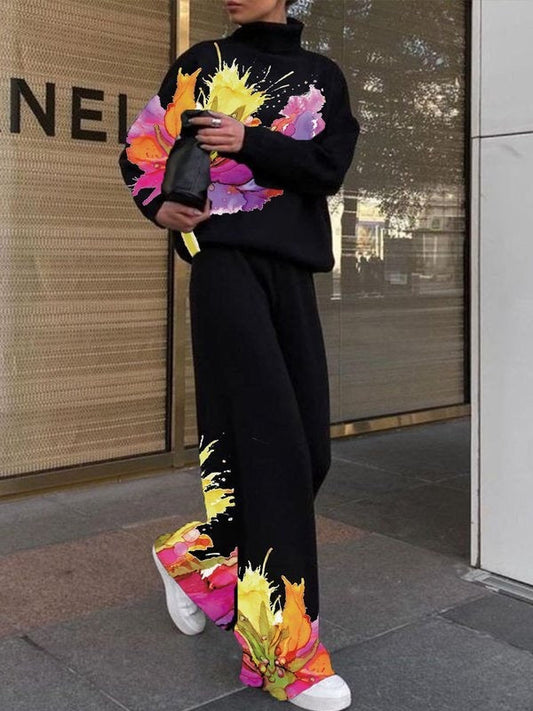 Loose Wide Leg Flower Print Pants Trousers