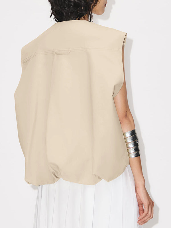 Gilet ample sans manches à poches fendues et fermeture éclair à col rond 