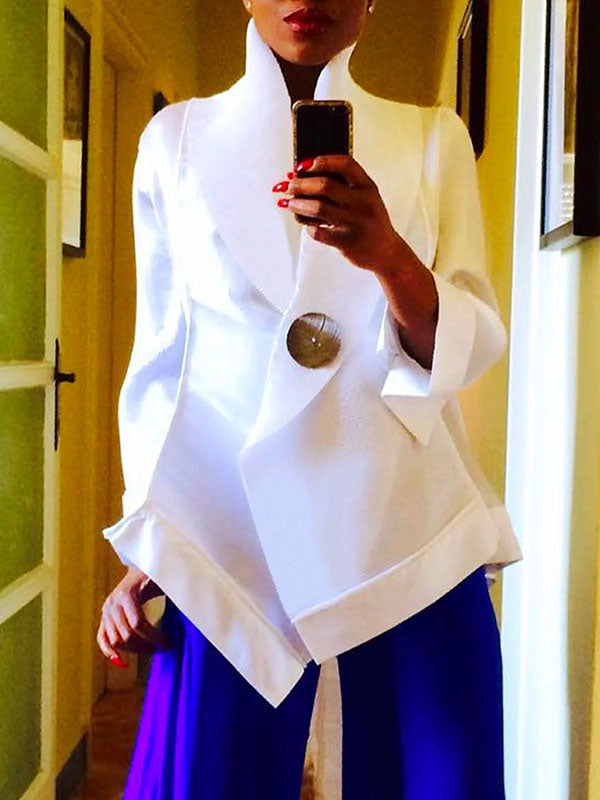 Long Sleeves Loose Buttoned Solid Color Stand Collar Blouses&Shirts Tops WHITE