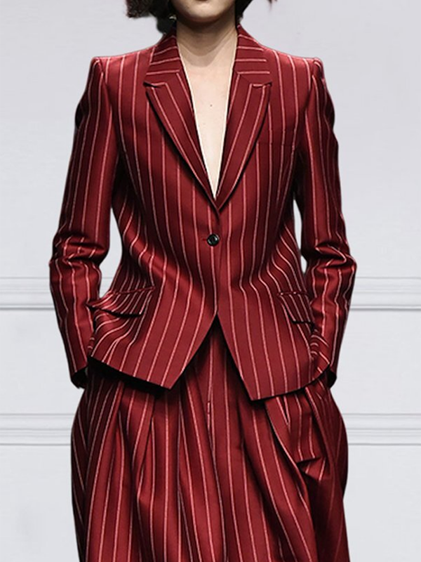 Long Sleeves Loose Striped Notched Collar Blazer Outerwear WINE RED