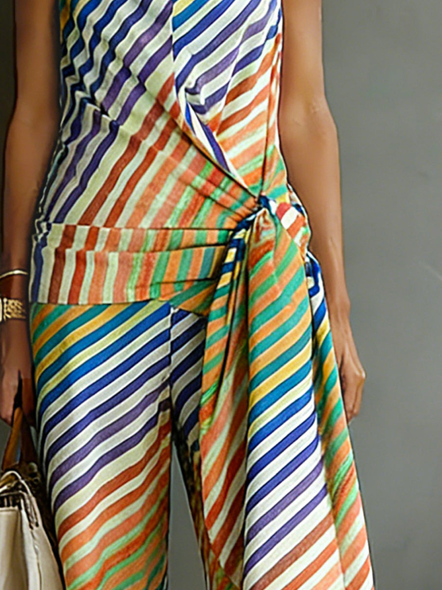 Loose Sleeveless Backless Contrast Color Striped Tied Halter-Neck Vest Top
