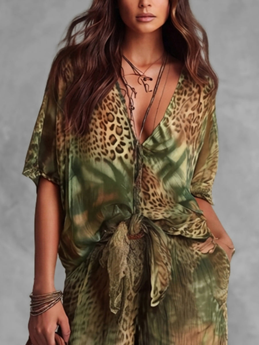 Half Sleeves Loose Contrast Color Knot Leopard Printed See-Through Deep V-Neck Blouses&Shirts Tops