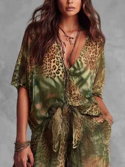 Half Sleeves Loose Contrast Color Knot Leopard Printed See-Through Deep V-Neck Blouses&Shirts Tops
