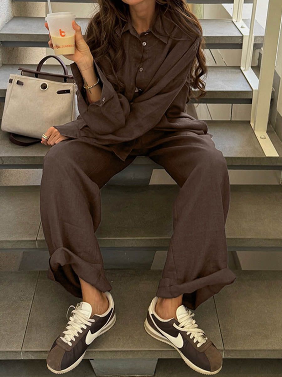 Loose Solid Color Lapel Buttoned Long Sleeves Blouses&Shirts Tops + Pockets Pants Trousers Two Pieces Set