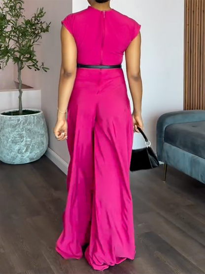 Cap Sleeve Wide Leg No Belt Solid Color Stand Collar Jumpsuits
