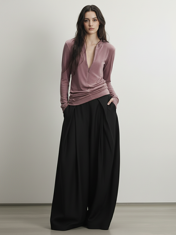 Long Sleeves Skinny Pleated Solid Color Split-Joint Zipper Deep V-Neck Hoodies&Shirts
