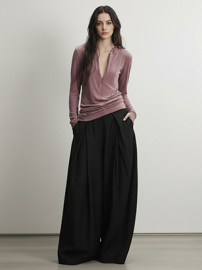 Long Sleeves Skinny Pleated Solid Color Split-Joint Zipper Deep V-Neck Hoodies&Shirts
