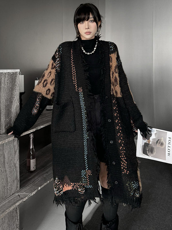 Hipster Long Sleeves Asymmetric Buttoned Contrast Color Leopard Pockets Split-Joint V-Neck Cardigan Tops