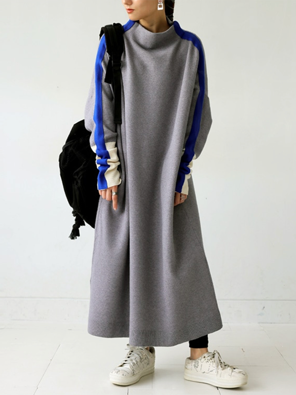 Long Sleeves Loose Contrast Color Stand Collar Maxi Dresses