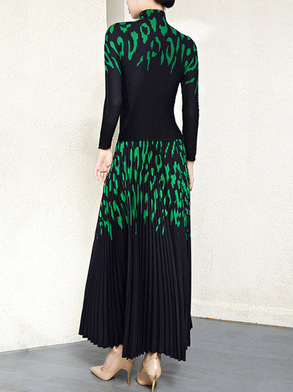 Long Sleeves Printed Mock Neck T-Shirt Top + Pleated A-Line Skirts Bottom Two Pieces Set