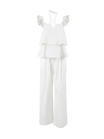 High Waisted Loose Backless Hollow Pockets Solid Color Split-Joint Halter-Neck Blouses&Shirts Tops Pants Trousers Two Pieces Set