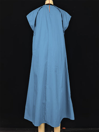 A-Line Loose Pleated Tied Round-Neck Midi Dresses