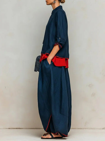 Contrast Color Loose Long Sleeves V-neck Blouses&shirts Tops