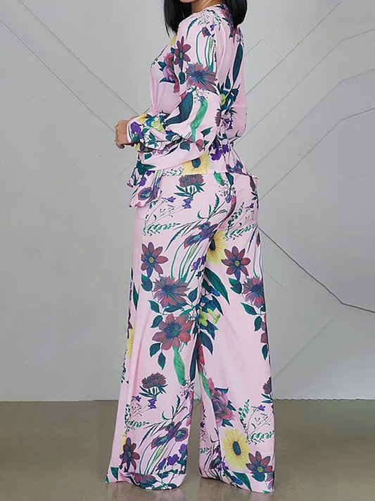 High Waisted Long Sleeves Flower Print Tied Waist V-Neck Shirts Top + Pants Bottom Two Pieces Set