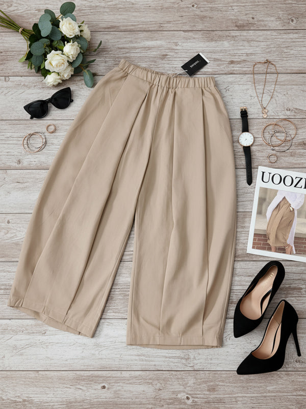 Solid Color Pockets Pleated Wide Leg Loose Pants