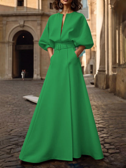 Half Sleeves Loose Belted Solid Color Deep V-Neck Maxi Dresses