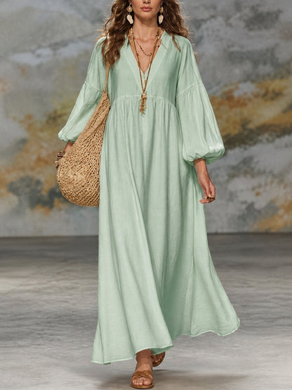 Solid Color Pleated Plus Size Loose V-neck Maxi Dresses