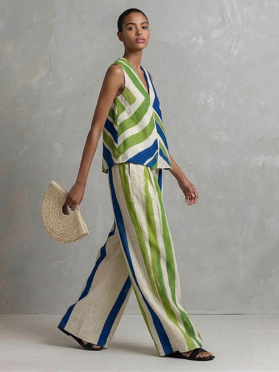 Loose Sleeveless Contrast Color Striped V-Neck Tank