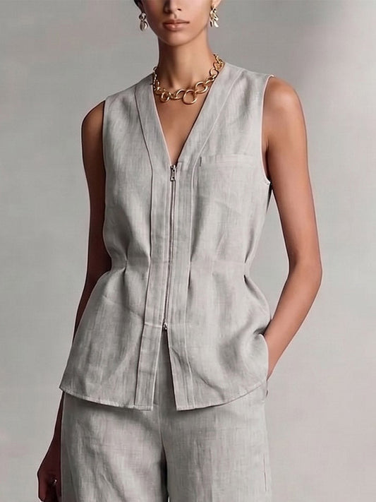 Sleeveless Pleated Solid Color Zipper V-Neck Blouses&Shirts Tops