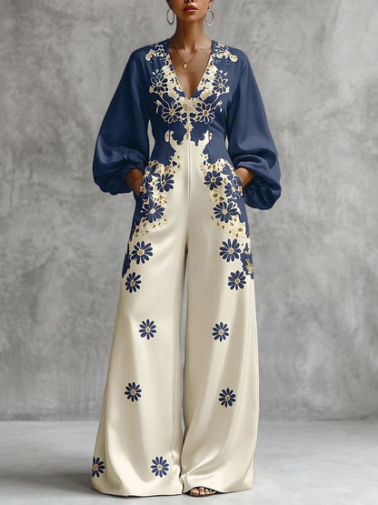Pockets Flower Print Elasticity Contrast Color Wide Leg Long Sleeves V-neck Jumpsuits [Enhanced Image Details]
