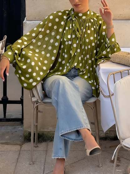 Tied See-Through Polka-Dot Contrast Color Puff Sleeves Loose Round-neck Blouses&shirts Tops