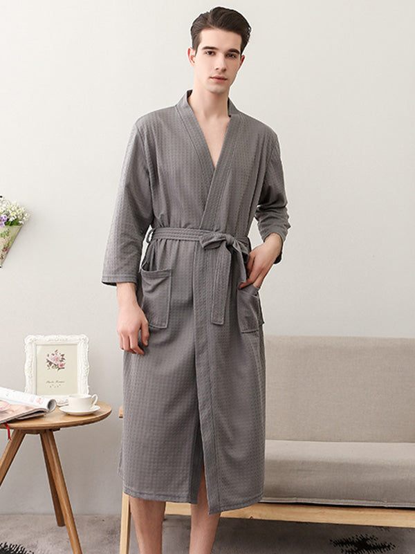 Comfortable Solid Bandage Thin Pajama Robe GRAY Men