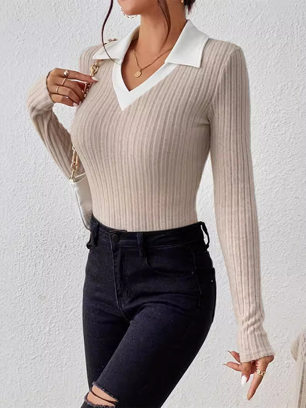 Long Sleeves Skinny Comfort Contrast Color V-Neck T-Shirts