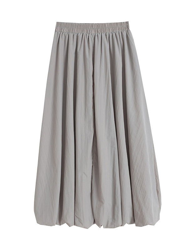A-Line Loose Elasticity Pleated Pockets Solid Color Skirts Bottoms