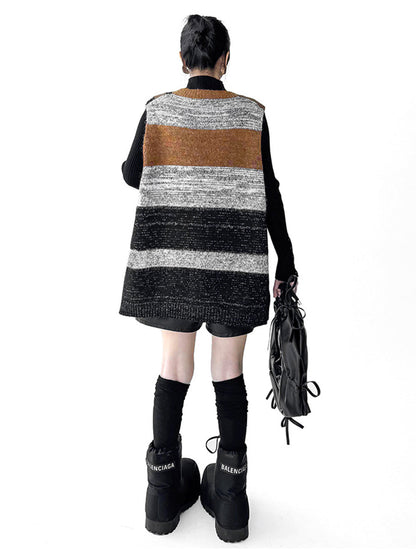 Loose Sleeveless Contrast Color Geometric Split-Joint Striped V-Neck Outerwear Vest Top
