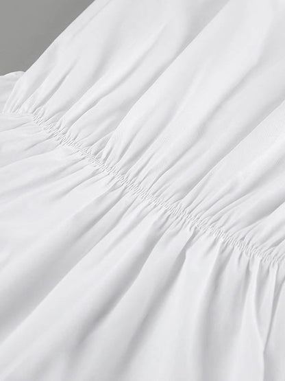 High Waisted Long Sleeves Buttoned Pleated Solid Color Lapel Mini Dresses Shirt Dress