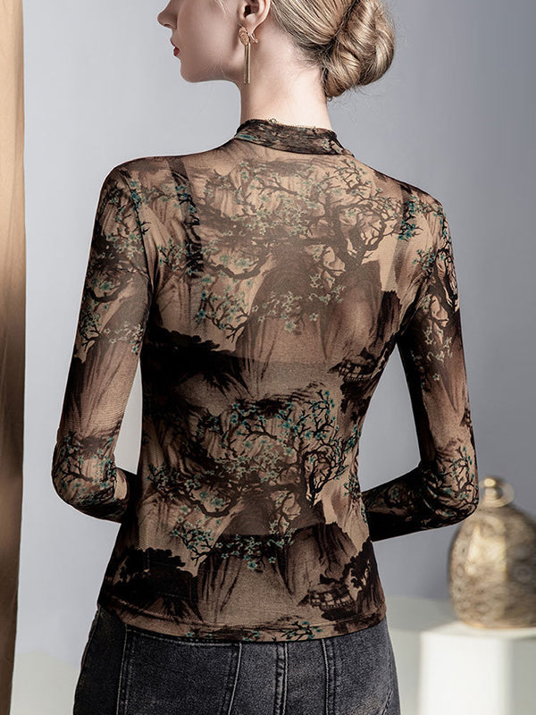 Long Sleeves Plus Size Asymmetric Mesh See-Through Split-Joint Round-Neck T-Shirts Tops