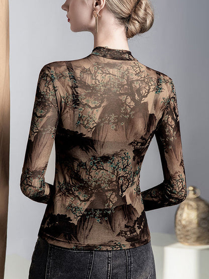 Long Sleeves Plus Size Asymmetric Mesh See-Through Split-Joint Round-Neck T-Shirts Tops