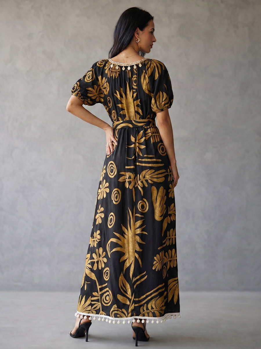 Loose Puff Sleeves Contrast Color Pleated Pockets Printed Split-Joint Tasseled Tied Square-Neck Maxi Dresses