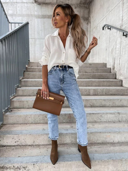 Trendy Long Sleeves Solid Color Lapel Collar Blouses