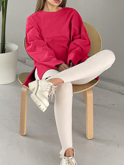 High-Low Long Sleeves Solid Color Split-Joint Split-Side Round-Neck T-Shirts