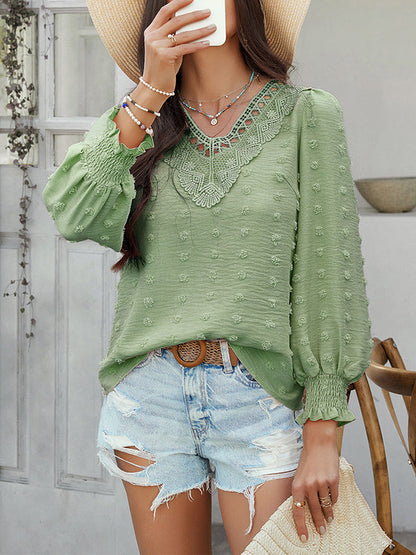 Long Sleeves Loose Elasticity Hollow Jacquard Solid Color V-Neck Blouses&Shirts Tops