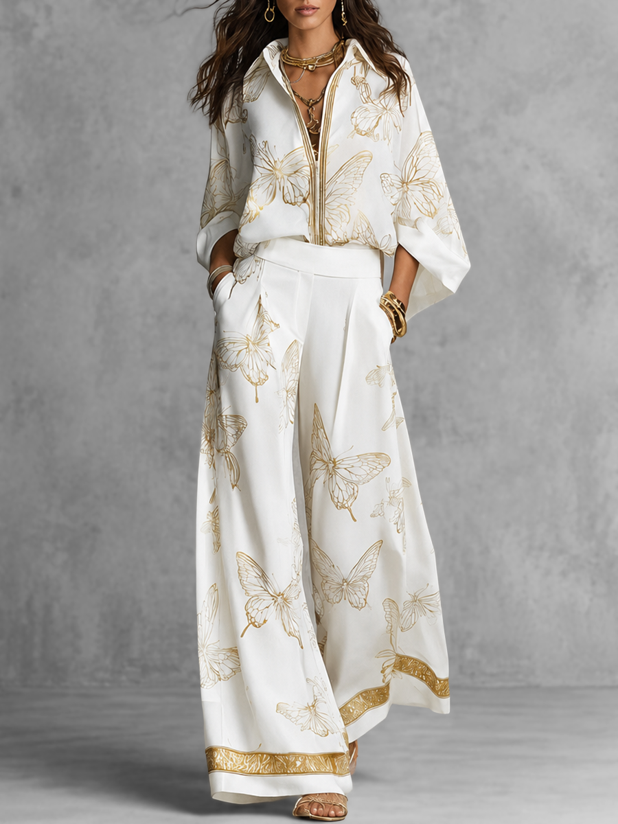 High Waisted Wide Leg Butterfly Print Contrast Color Pockets Pants Trousers