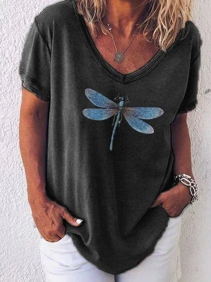 Luna | Women's Dragonfly Print V-Neck Short Sleeve Casual Tee