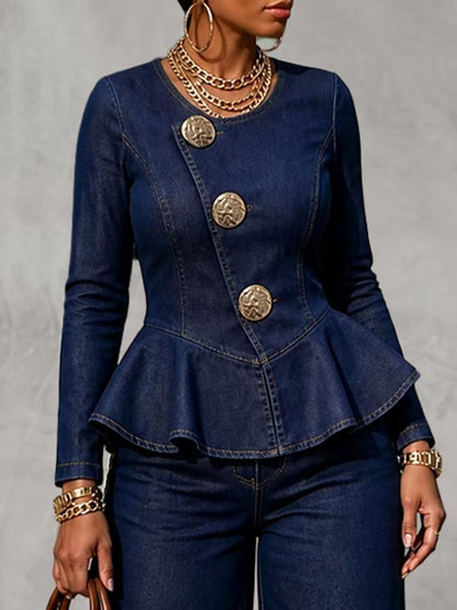 Split-Joint Ruffle Trim Buttoned Skinny Long Sleeves Round-neck Blouses&shirts Tops