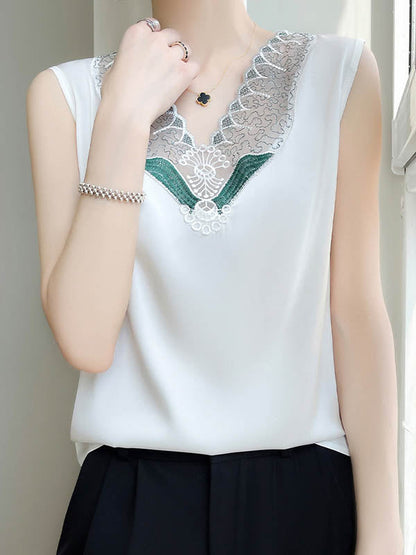 Loose Sleeveless Embroidered Mesh Split-Joint V-Neck Vest Top