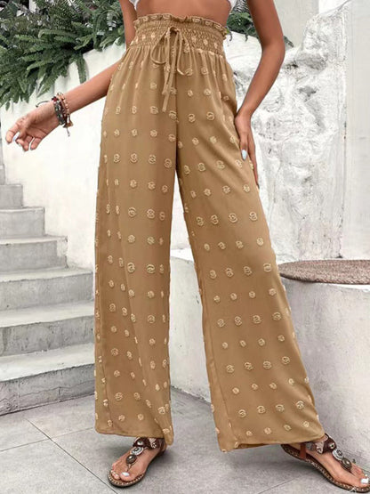 Pantalon taille haute ample avec cordon de serrage élastique en jacquard de couleur unie 