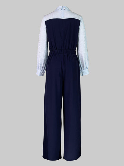 High Waisted Long Sleeves Buttoned Pleated Split-Joint Lapel Jumpsuits