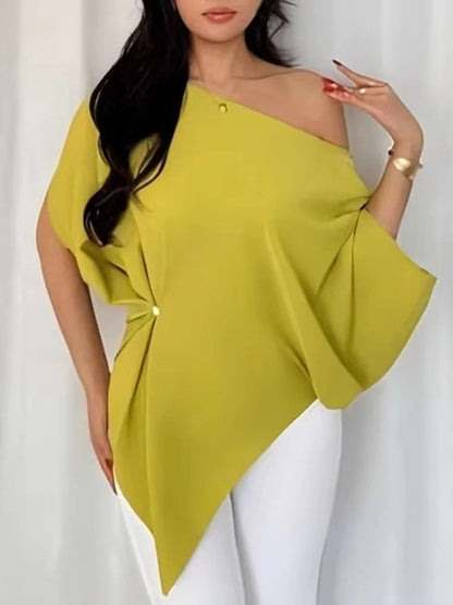 Batwing Sleeves Loose Asymmetric Knot Solid Color One-Shoulder Blouses&Shirts Tops