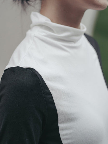 T-shirts urbains skinny à manches longues et col montant asymétriques contrastés 